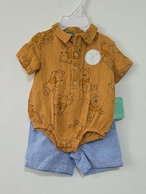 Disney Mustard Winnie the Pooh Button-Front Romper Set with Light Blue Shorts